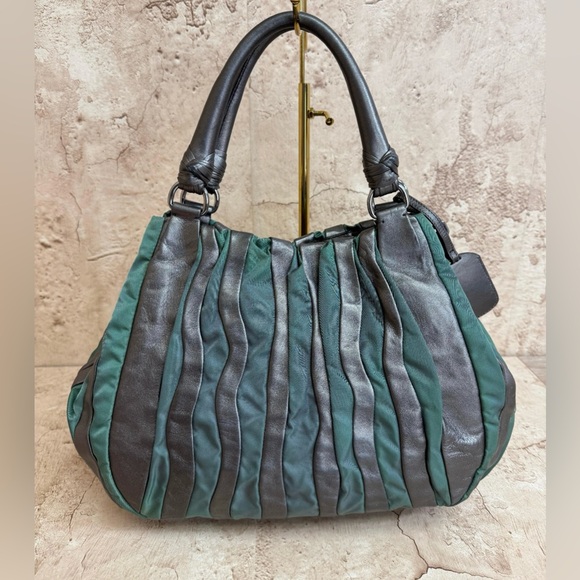 Prada Gray Leather and Green Nylon Tote Bag - Picture 5 of 6